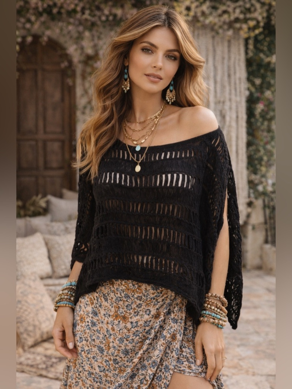 AllSaints Black Open Knit Poncho Sweater UK 10 Boho Luxe Sheer Top